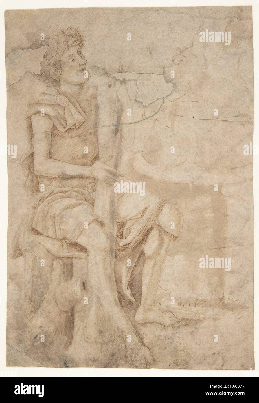 Homme assis tenant un club ou à un autre outil (recto) ; deux chefs de grotesque des hommes à profil (verso). Artiste : Cercle d'Andrea Mantegna (Italien, Isola di Carturo 1430/31-1506 Mantoue). Dimensions : 8 1/4 x 5 9/16in. (21 x 14,2 cm). Date : 1484-1500. Musée : Metropolitan Museum of Art, New York, USA. Banque D'Images Homme assis tenant un club ou à un autre outil (recto) ; deux chefs de grotesque des hommes à profil (verso). Artiste : Cercle d'Andrea Mantegna (Italien, Isola di Carturo 1430/31-1506 Mantoue). Dimensions : 8 1/4 x 5 9/16in. (21 x 14,2 cm). Date : 1484-1500. Musée : Metropolitan Museum of Art, New York, USA. Banque D'Images
