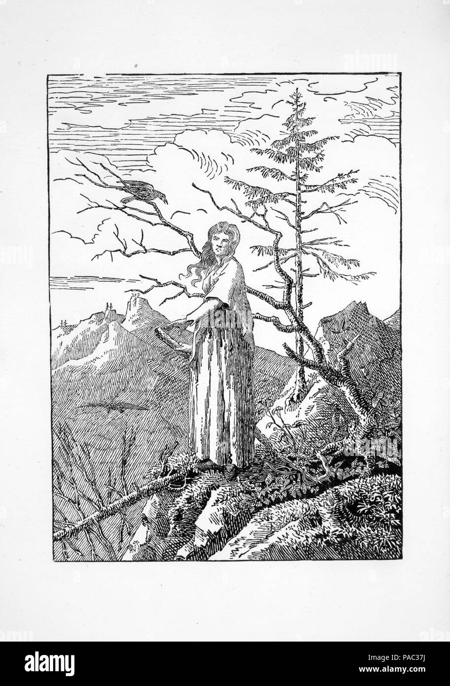 Femme avec un corbeau (Die Frau mit dem Raben am Abgrund). Artiste : Cut par Christian Friedrich (allemand, 1770-1843), conçu par l'allemand Caspar David Friedrich (1774-1840), Greifswald Dresde. Image : 6 Dimensions : 11/16 x 4 11/16 in. (17 x 11,9 cm) : Feuille 9 5/8 x 7 9/16 in. (24,4 x 19,2 cm). Date : 1803 probablement. Musée : Metropolitan Museum of Art, New York, USA. Banque D'Images