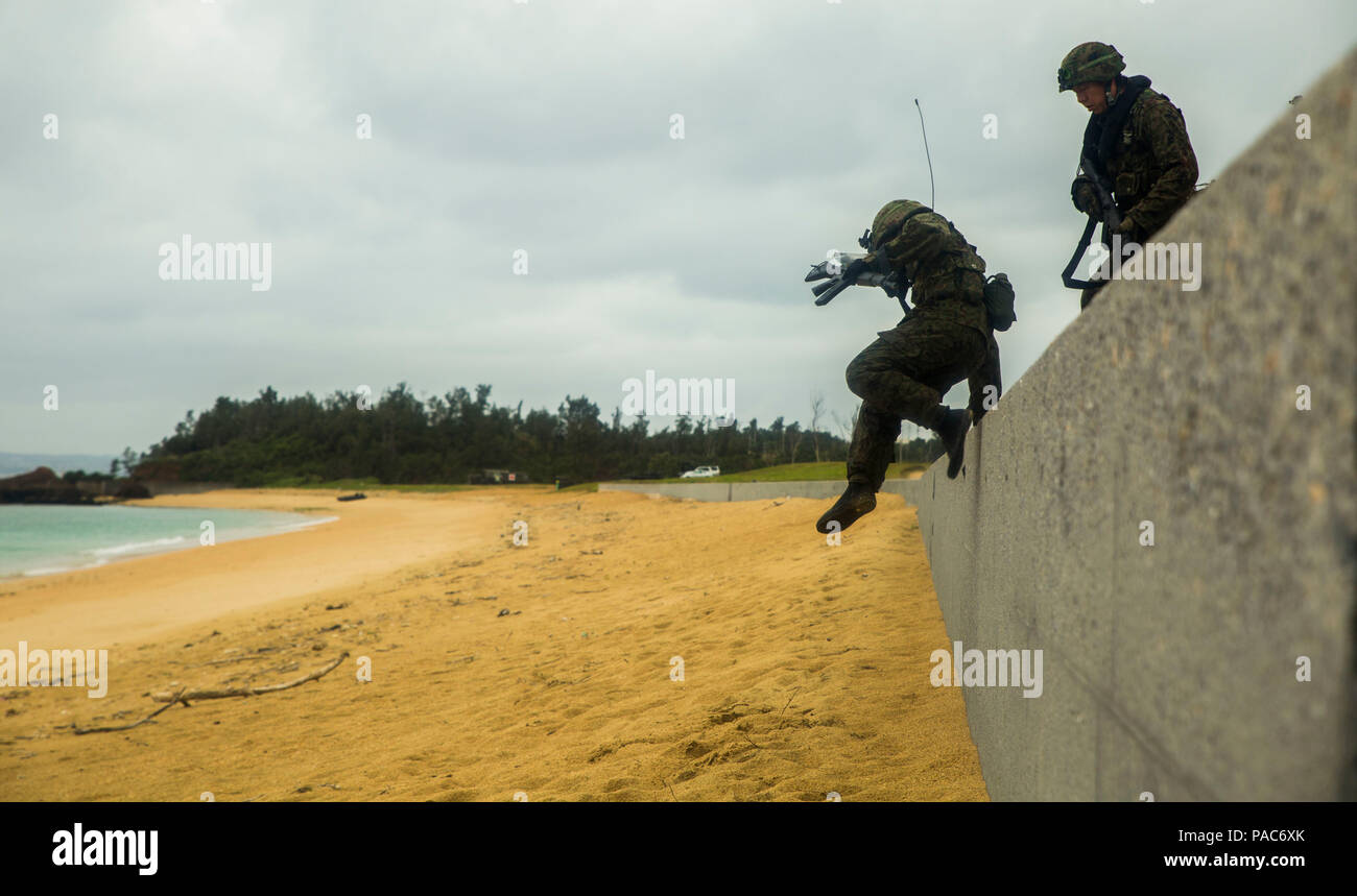 Membre de l'Autodéfense de masse Japon saute sur une digue Mar. 9, à Kin Bleu, Okinawa, Japon. La JGSDF ont observé les Marines du 3e Bataillon de Reconnaissance, 3e Division de marines, III Marine Expeditionary Force, effectuant des missions d'entraînement amphibie, raid et du scoutisme. cours de nageur La JGSDF membres sont avec le 43e Régiment d'infanterie, 8ème Division, l'Armée de l'Ouest. (U.S. Photo par le Cpl Marine. Tyler S. Giguère/libérés) Banque D'Images