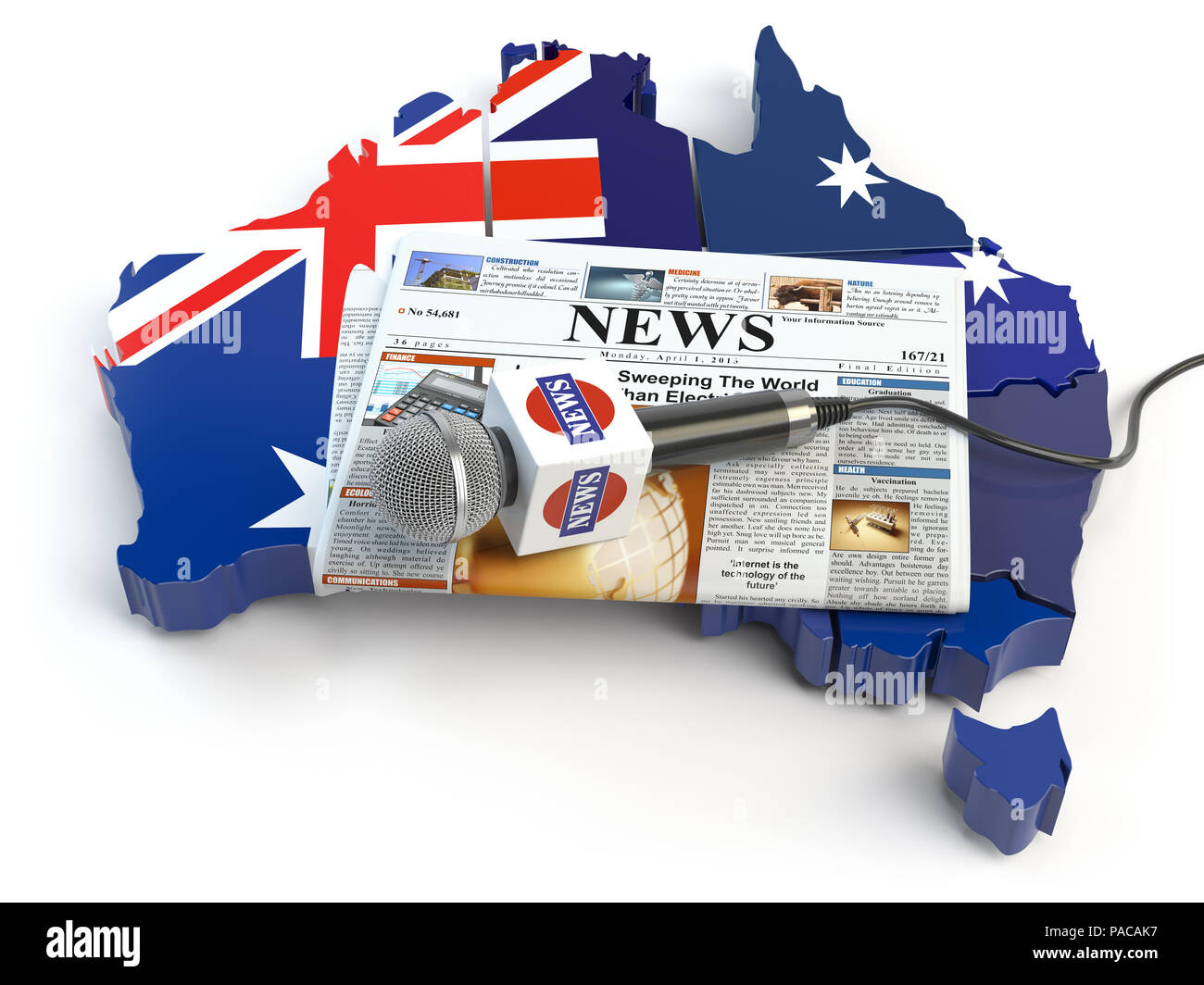 Australian Actualités, presse et journalisme concept. Microphone et journal sur la carte en couleurs du drapeau de l'Australie. 3d illustration Banque D'Images