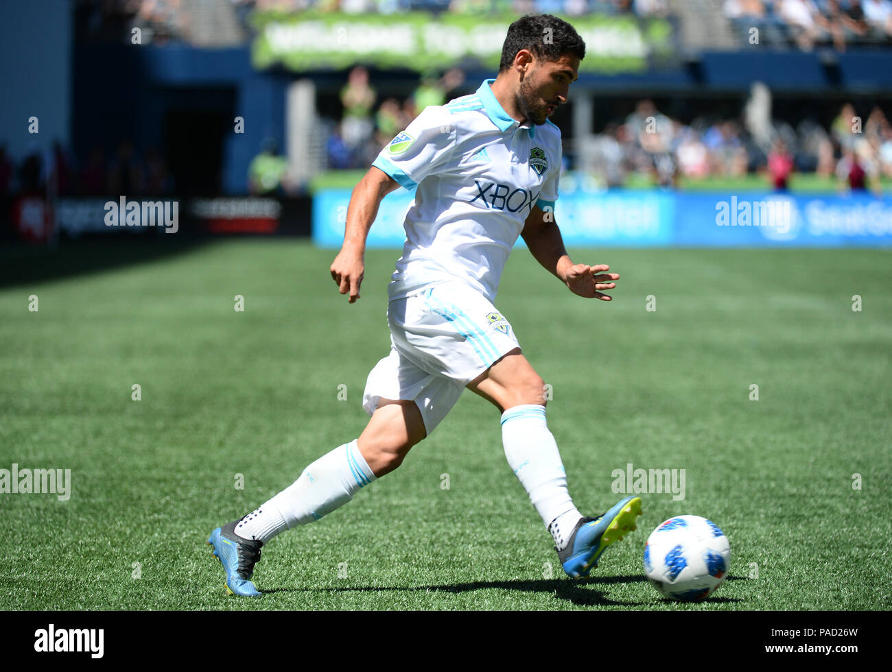 Seattle, Washington, USA. 21 juillet, 2018. CRISTIAN ROLDAN (7) dans l'action que les Whitecaps de Vancouver visite les Sounders de Seattle pour un match de MLS Siècle Lien Field à Seattle, WA. Crédit : Jeff Halstead/ZUMA/Alamy Fil Live News Banque D'Images