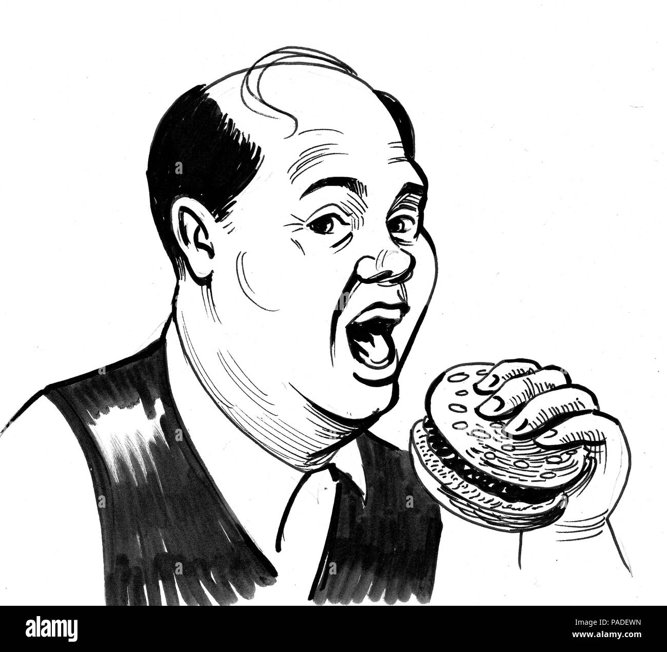 Gentleman de manger un hamburger. Illustration noir et blanc Encre Banque D'Images