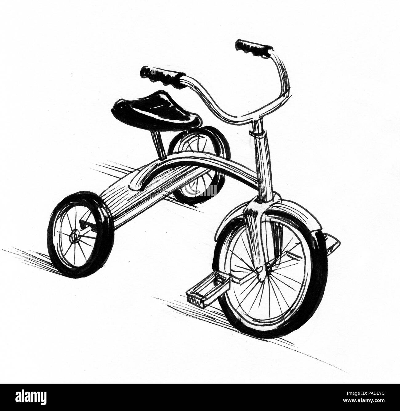 Jouet tricycle. Illustration noir et blanc Encre Banque D'Images