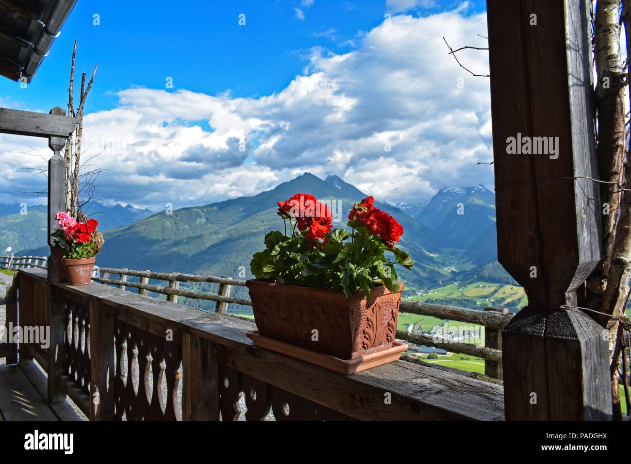 Beaux géraniums rouges en pot sur un balcon surplombant une vallée de la Alpes de Kitzbühel, Autriche Banque D'Images