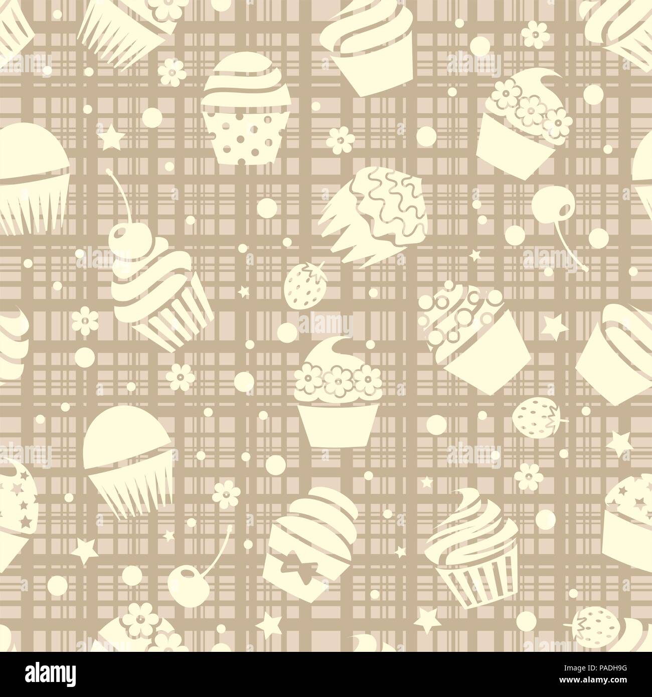 Cupcake vecteur modèle transparent avec des petits gâteaux, petits fruits et fleurs sur fond de lignes droites croisées Illustration de Vecteur
