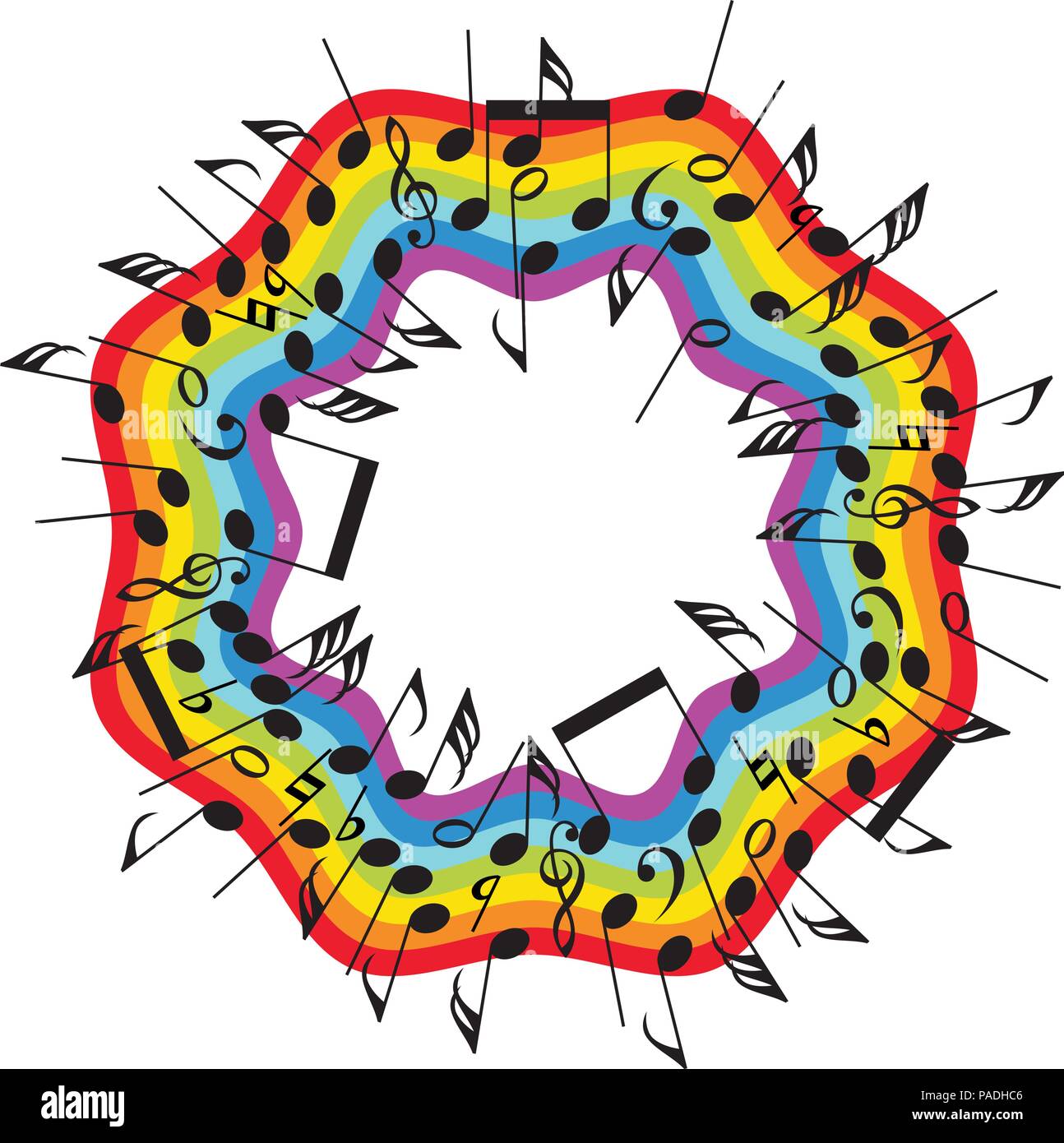 Ronde vecteur fond coloré de notes de musique sur des portées ondulées, collection de musique classique abstrait symboles dans une forme du cercle ondulé, creative concep Illustration de Vecteur