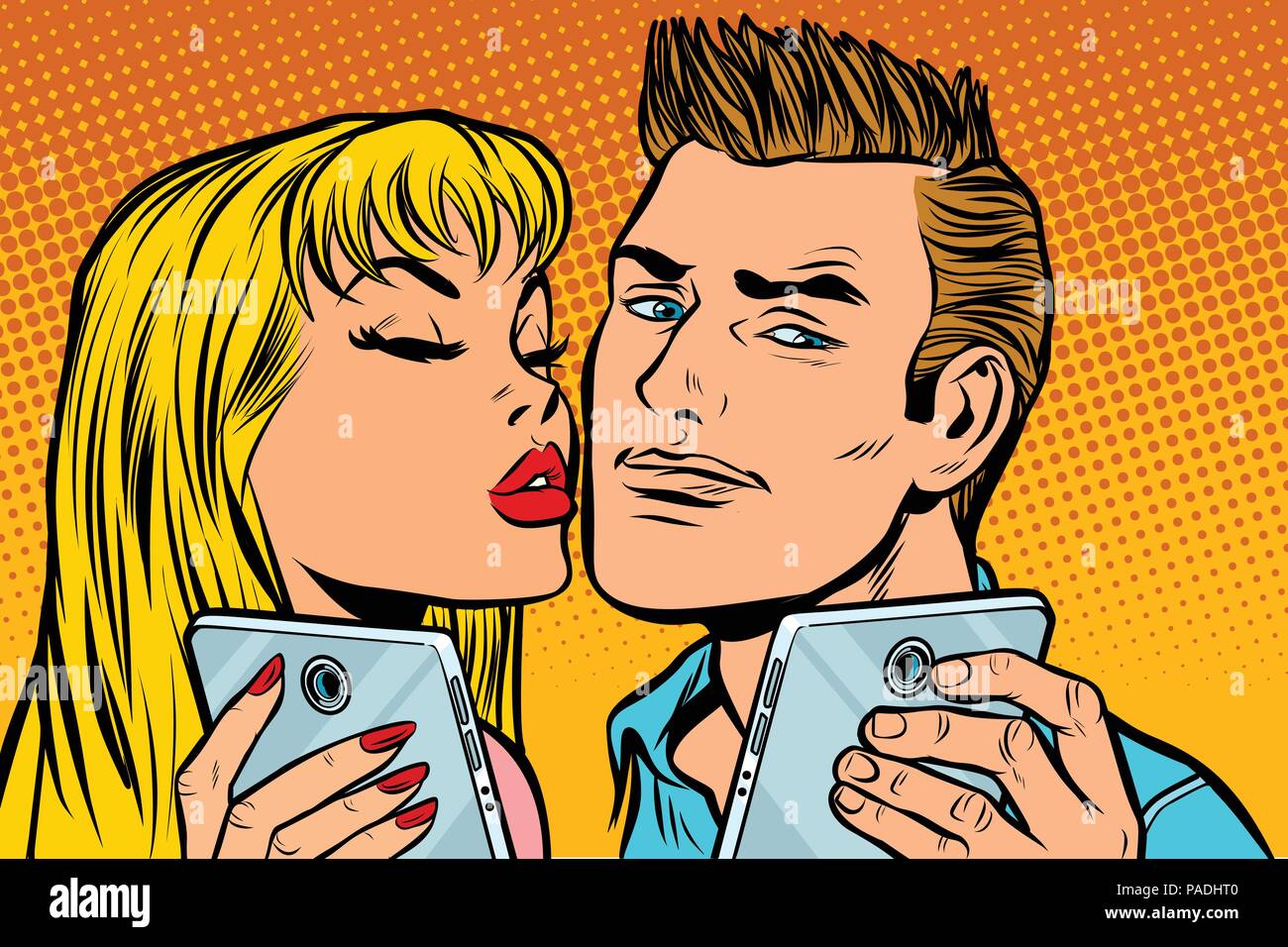 Jeune couple selfies kiss sur smartphone Illustration de Vecteur