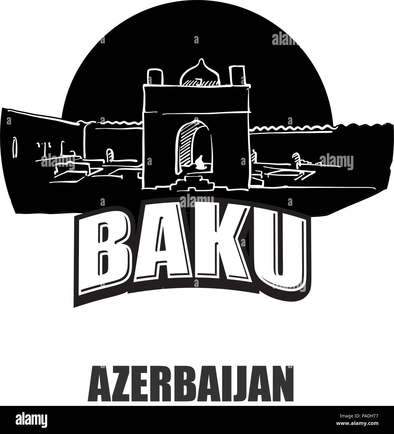 Bakou, Azerbaïdjan, logo noir et blanc pour des impressions de haute qualité. Croquis vecteur dessiné à la main. Illustration de Vecteur