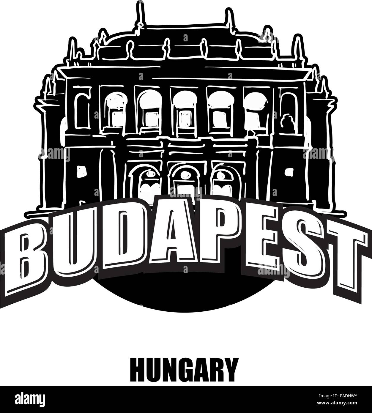 Budapest, Opéra, logo noir et blanc pour des impressions de haute qualité. Croquis vecteur dessiné à la main. Illustration de Vecteur