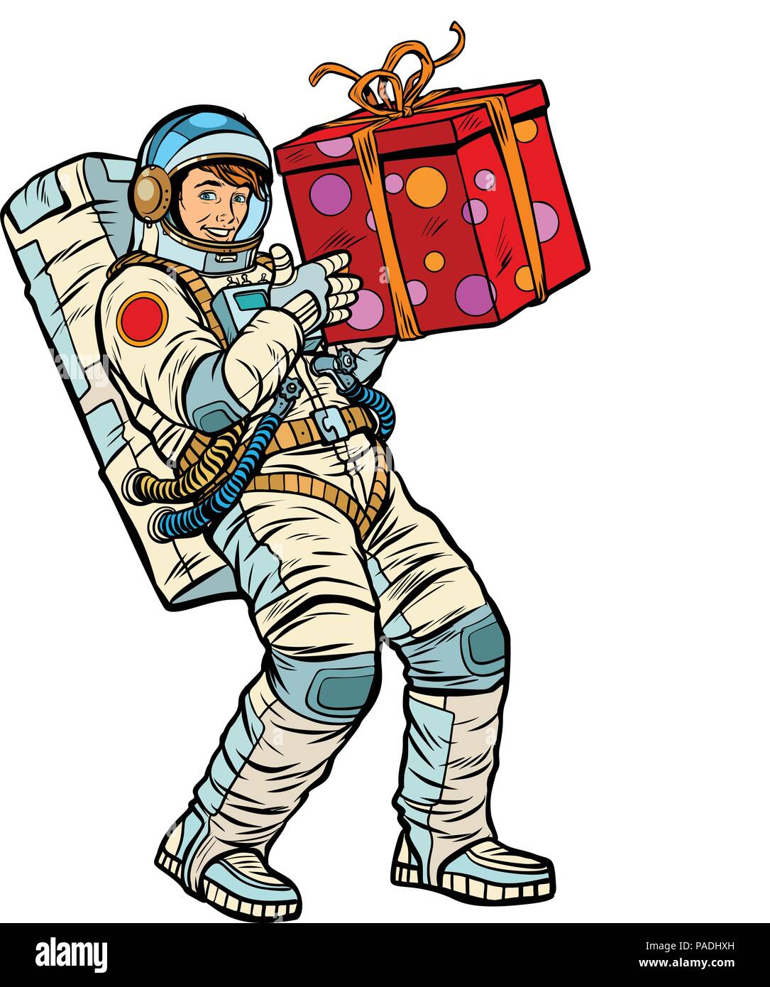 Le cosmonaute avec boîte-cadeau Illustration de Vecteur