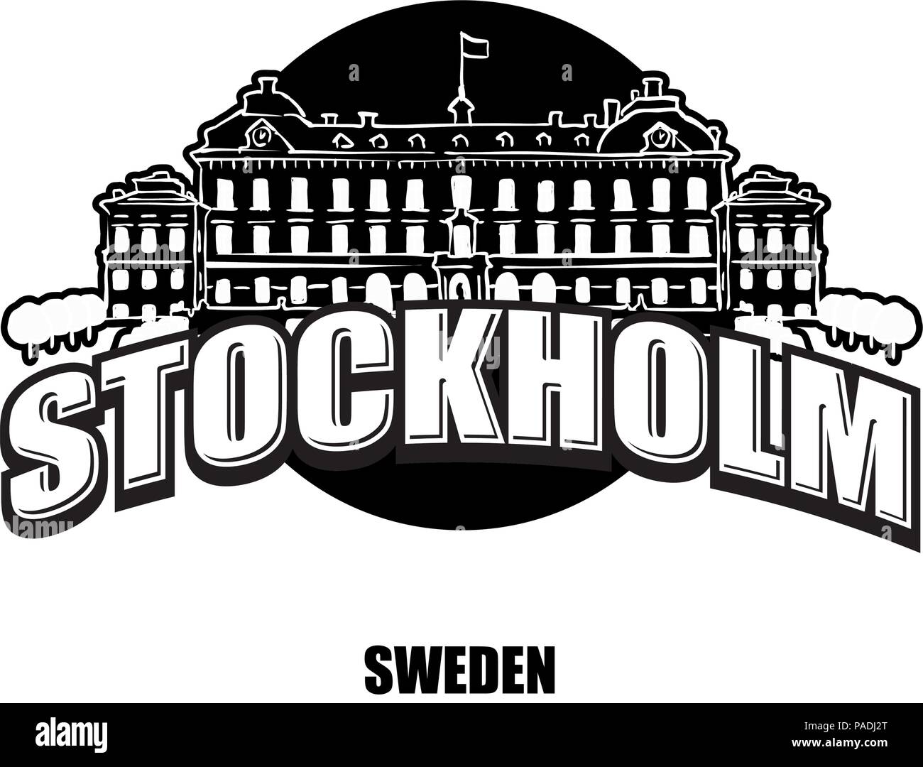 Palais royal de Stockholm logo noir et blanc pour des impressions de haute qualité. Croquis vecteur dessiné à la main. Illustration de Vecteur