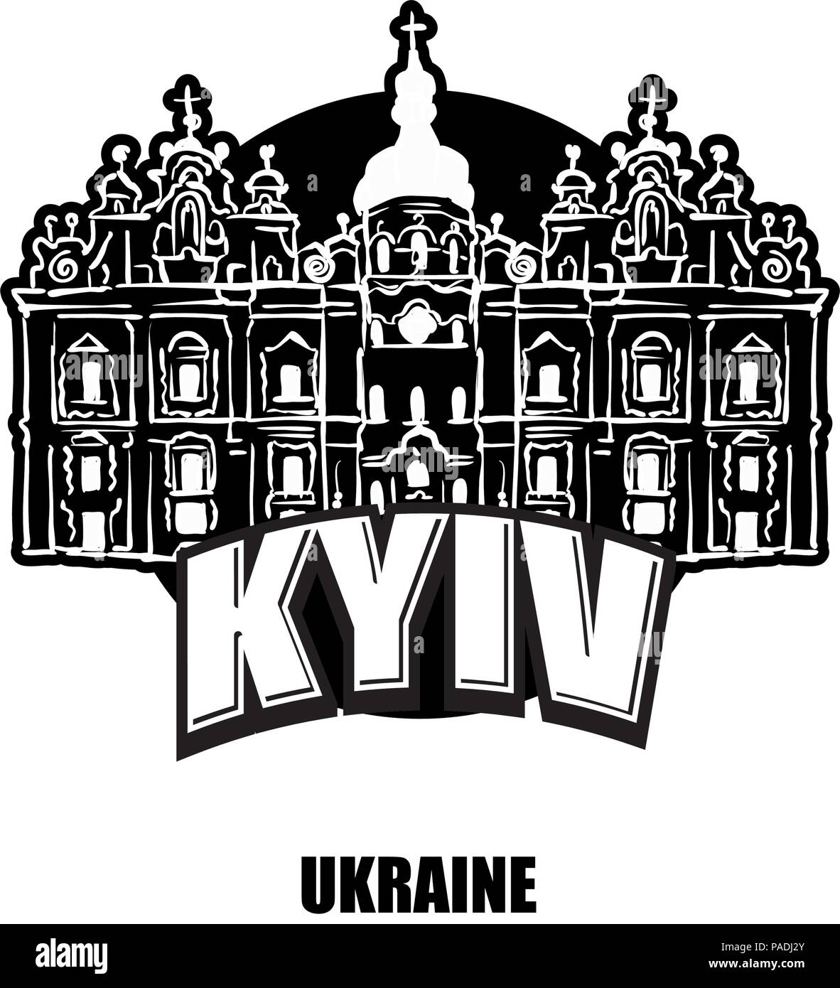 Kiev, Ukraine, logo noir et blanc pour des impressions de haute qualité. Croquis vecteur dessiné à la main. Illustration de Vecteur