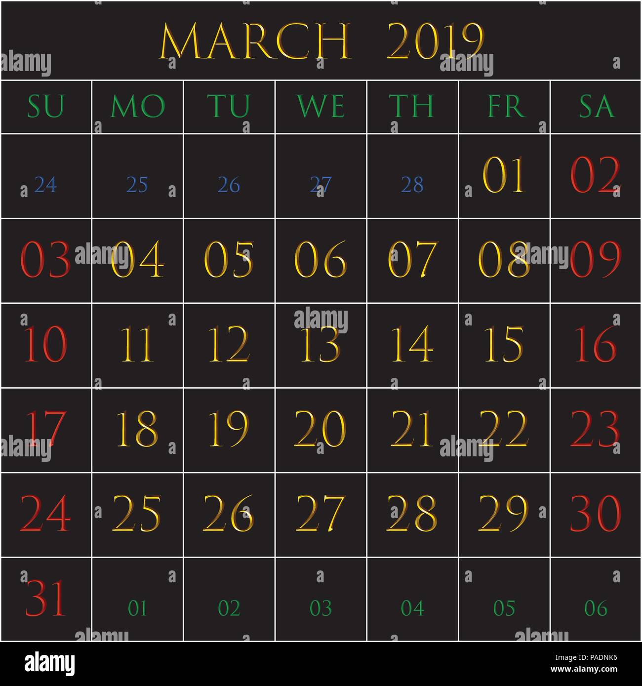 2019 Calendrier pour le mois de mars sur fond noir avec blanc bordé de rectangles Illustration de Vecteur