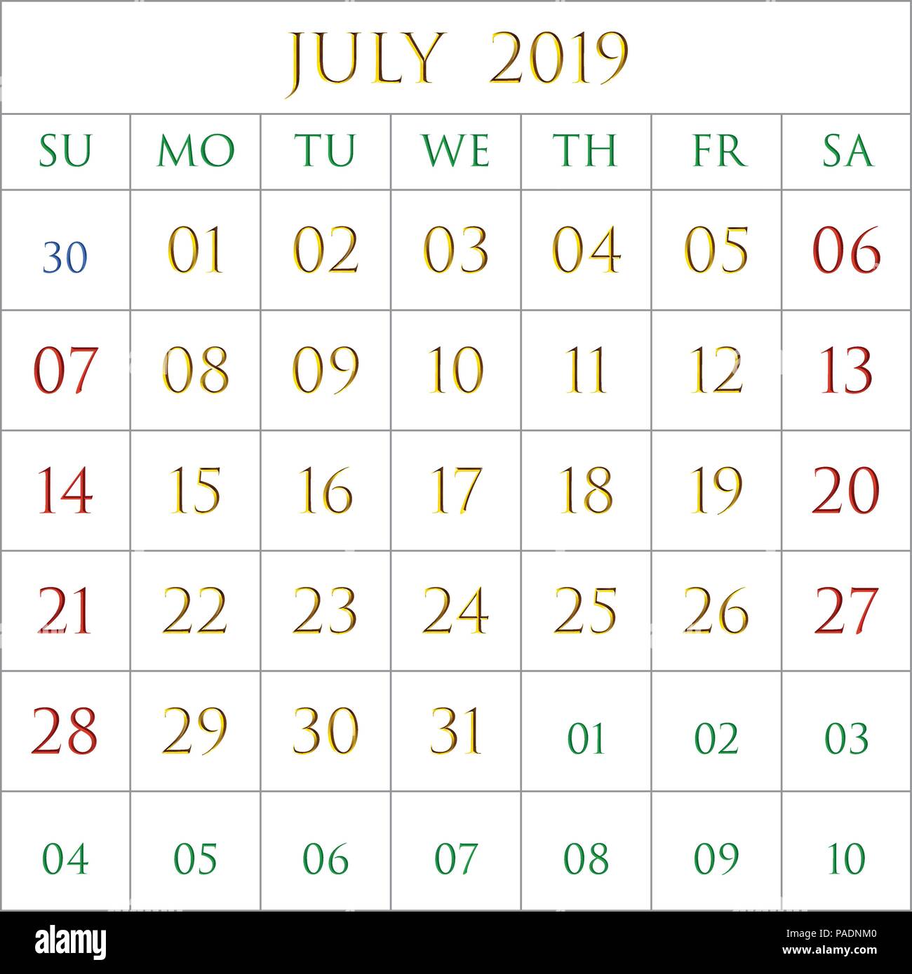 2019 Calendrier pour le mois de juillet sur fond blanc bordé de rectangles gris avec Illustration de Vecteur