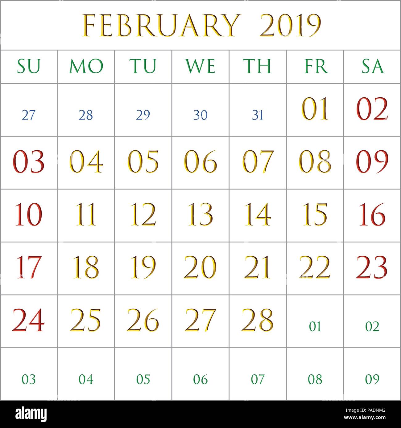2019 Calendrier pour le mois d'Februatry sur fond blanc bordé de rectangles gris avec Illustration de Vecteur