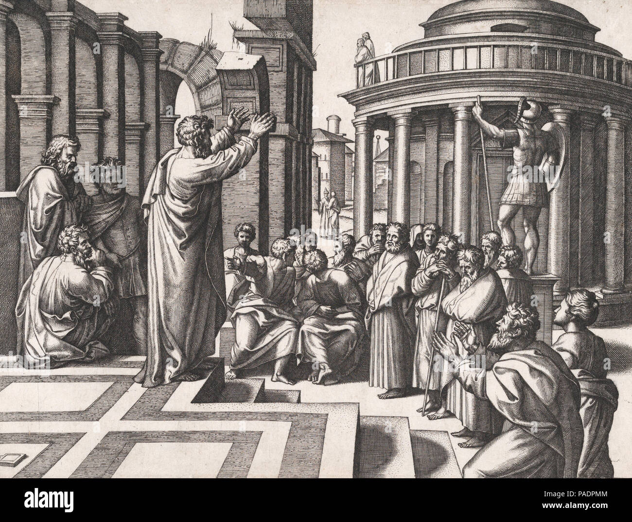 Saint paul prêchant à Athènes, après raphael.Marcantonio Raimondi Banque D'Images