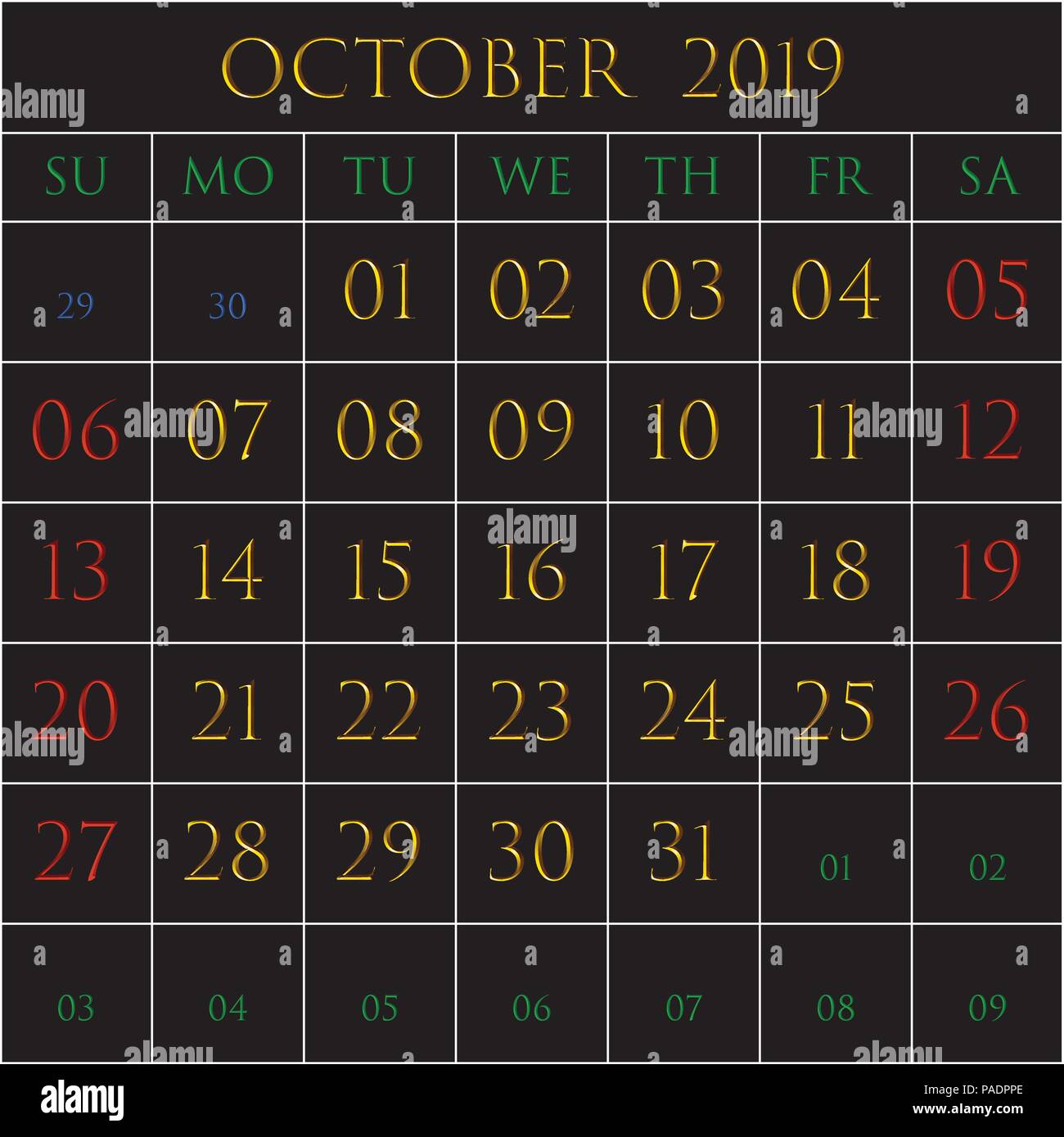 2019 Calendrier pour le mois d'octobre sur fond noir avec blanc bordé de rectangles Illustration de Vecteur