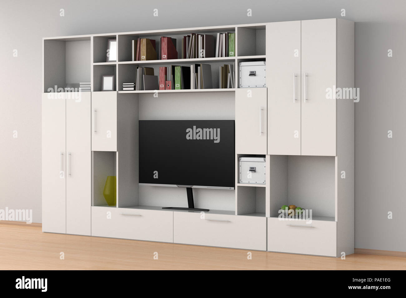 Armoire penderie blanche avec écran de télévision, les livres, les boîtes à  l'intérieur. 3d illustration Photo Stock - Alamy