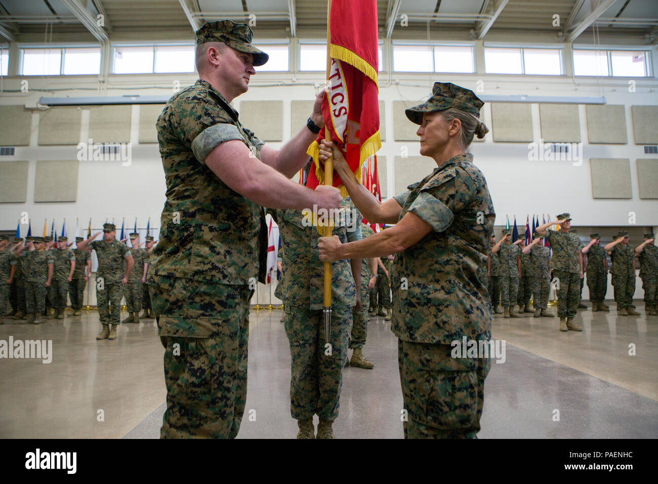 Le général de Helen Pratt, commandant sortant de 4e Groupe Logistique Maritime, abandonne le commandement de la 4ème MLG à Brigue. Le général Karl Pierson, commandant du 4e entrant MLG, au cours d'une cérémonie de passation de commandement au Régiment de logistique de combat 4 siège à Kansas City, Mo., 14 juillet 2018. Les cérémonies de passation de commandement de marquer le passage de commande à partir d'une Marine à l'autre, symbolisant le transfert des responsabilités de son poste de commande. Et, à ce titre, les responsabilités et les pouvoirs de 4e Groupe Logistique Maritime ont été officiellement transmis par le général de Helen Pratt à Brigue. Le général Karl Pierson. (U Banque D'Images