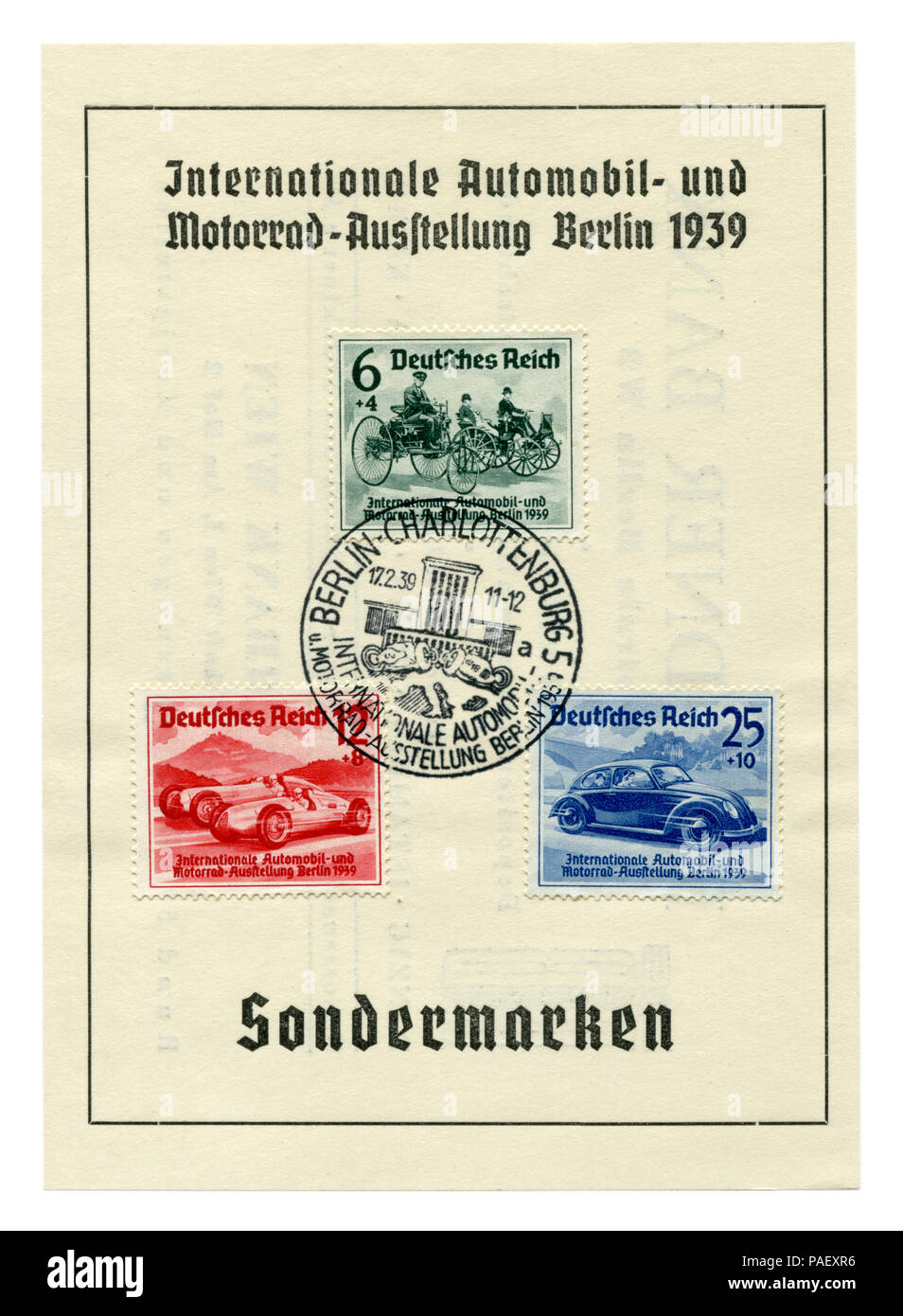 Historique allemand stamps : feuille 'International auto et motor show à Berlin (IAA) 1939' avec annulation spéciale Berlin-Charlottenburg, 17 février Banque D'Images