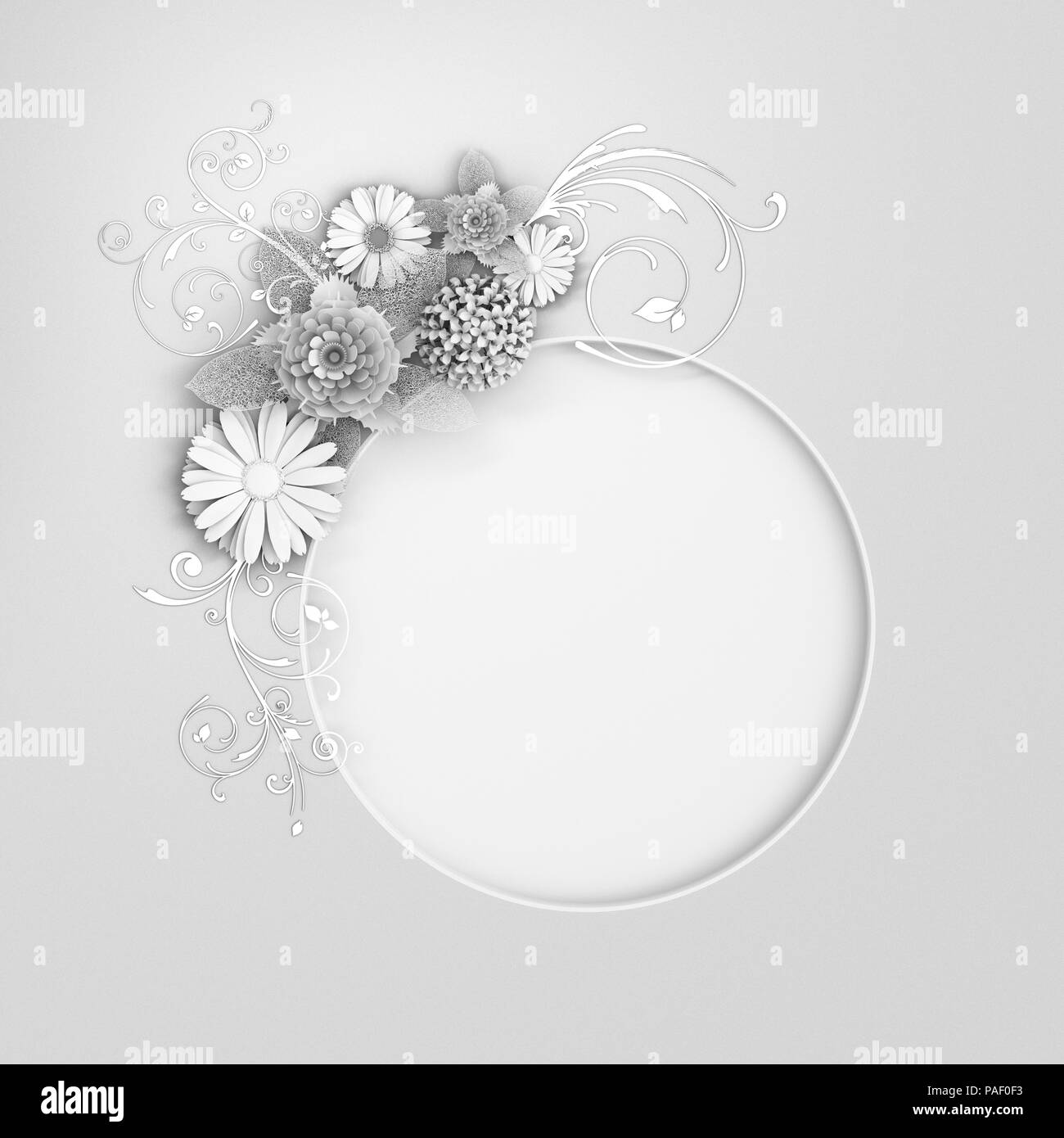 Décoration fleur en papier blanc autour de forme arrondie. Fond de carte de vœux. 3d illustration Banque D'Images