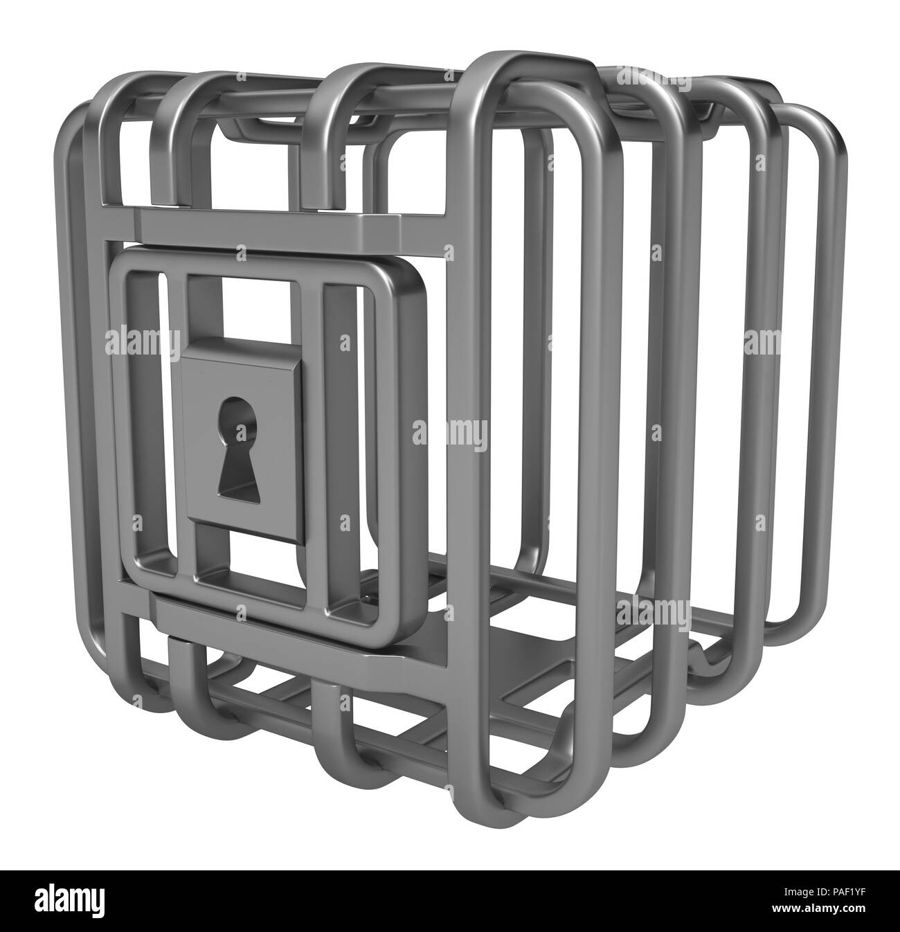 Cage en métal gris métallique ronde 3d illustration, isolé, à l'horizontale, sur fond blanc Banque D'Images