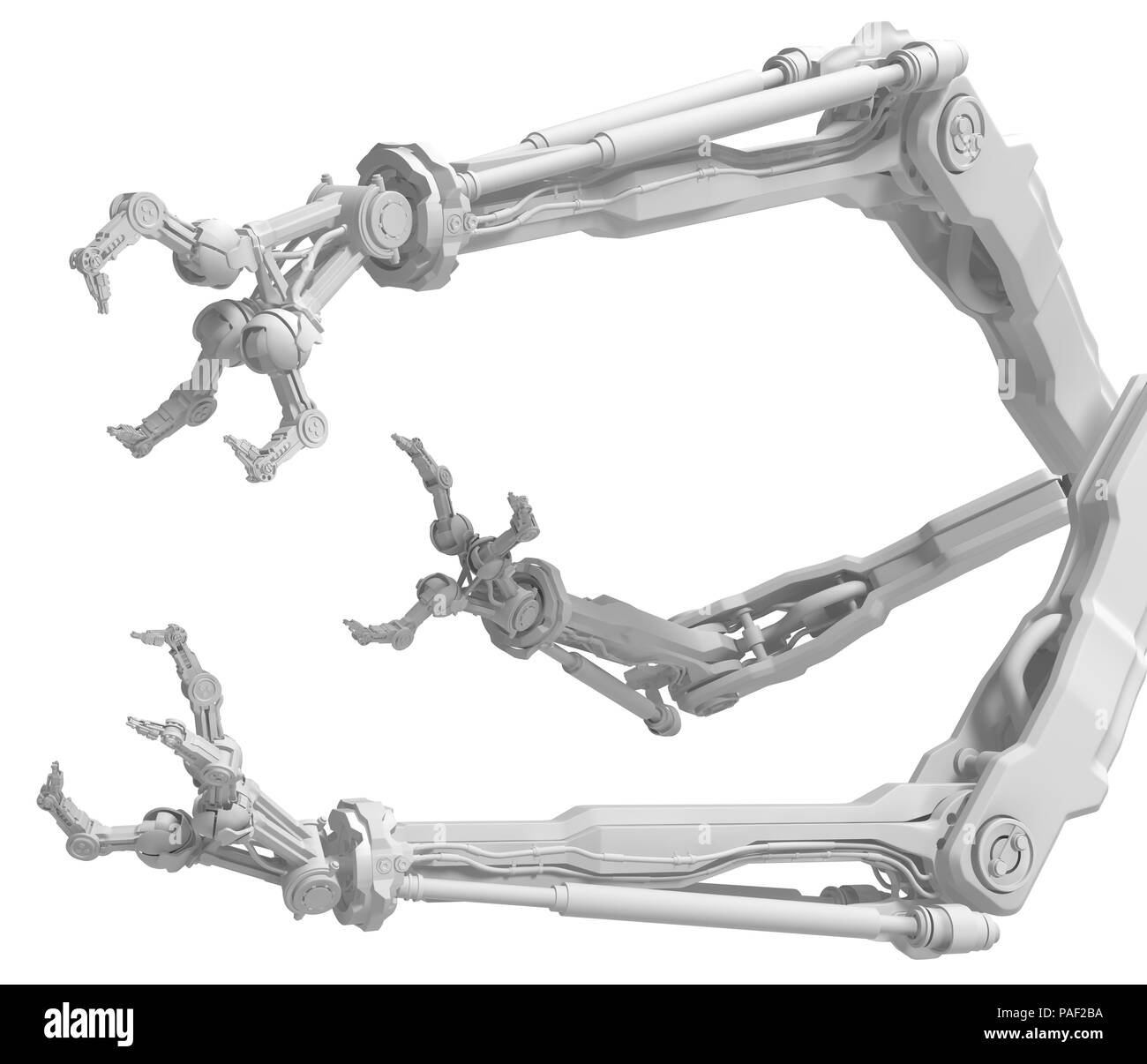 Bras robotique avec trois doigts blanc, groupe à atteindre, 3d illustration, arrière-plan horizontal Banque D'Images