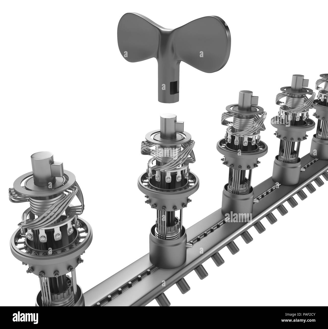 Principaux mécanismes d'enroulement en métal gris ligne 3d illustration, isolé, à l'horizontale, sur fond blanc Banque D'Images
