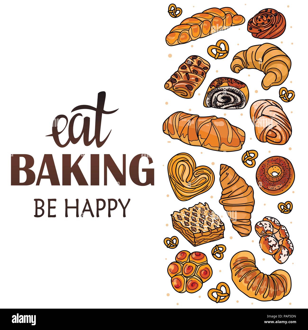 Décor pour un magasin ou un café avec des pâtisseries, pain, pâtisserie. Boulangerie, pain maison, illustration manuscrite avec lettrage. Pancarte, vector Illustration de Vecteur