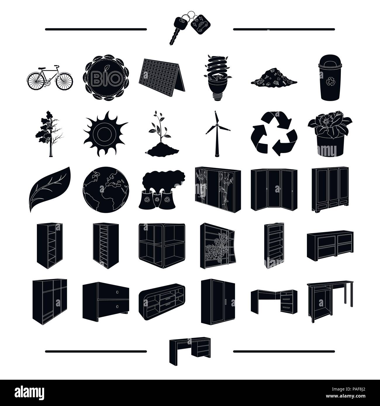Savoir-faire, la nature, l'éco-système et l'autre icône de style noir.L'Equipement, des transports, de l'écologie, icônes de la collection ensemble. Illustration de Vecteur