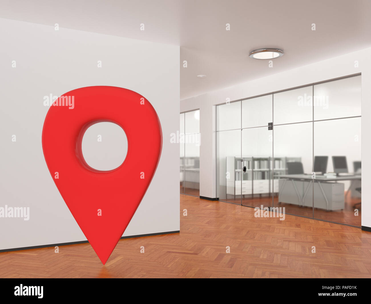 Emplacement de l'axe GPS geo tag navigation dans l'espace de bureaux vides dans un bâtiment moderne. 3d illustration Banque D'Images