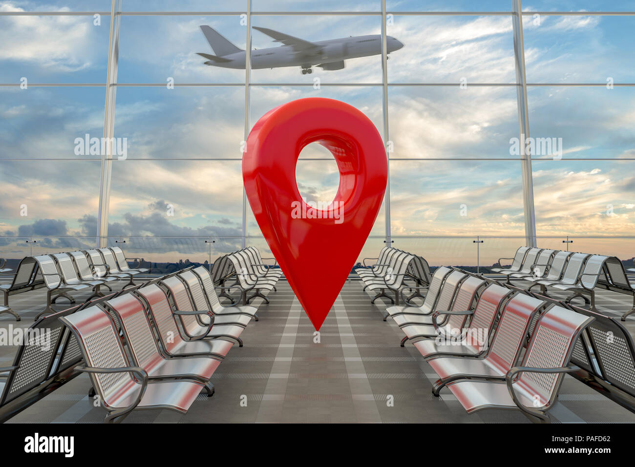 Emplacement de l'axe GPS geo navigation tag en salle d'embarquement de l' aéroport vide avec avion sur arrière-plan. 3d illustration Photo Stock -  Alamy