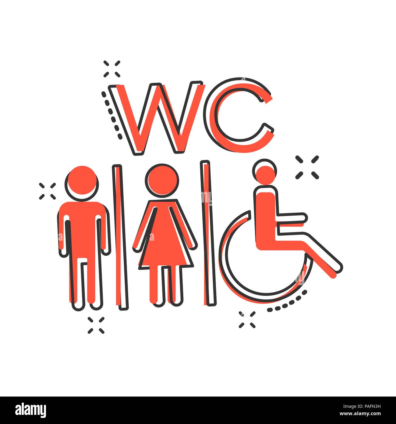 Vector cartoon WC, toilettes icône dans le style comique. Les hommes et les femmes restroom sign illustration pictogramme. Les WC splash concept d'effet. Illustration de Vecteur