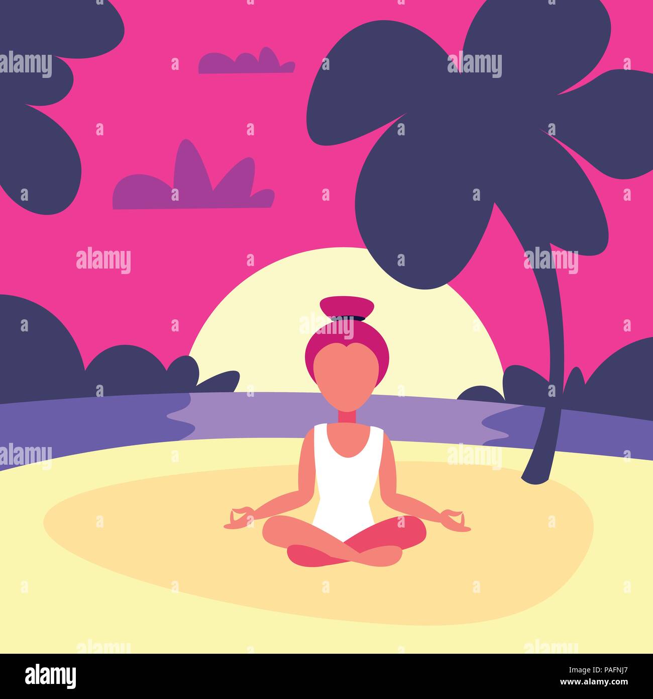 Woman doing yoga exercises lotus sunset beach background female activité sport personnage télévision pleine longueur Illustration de Vecteur