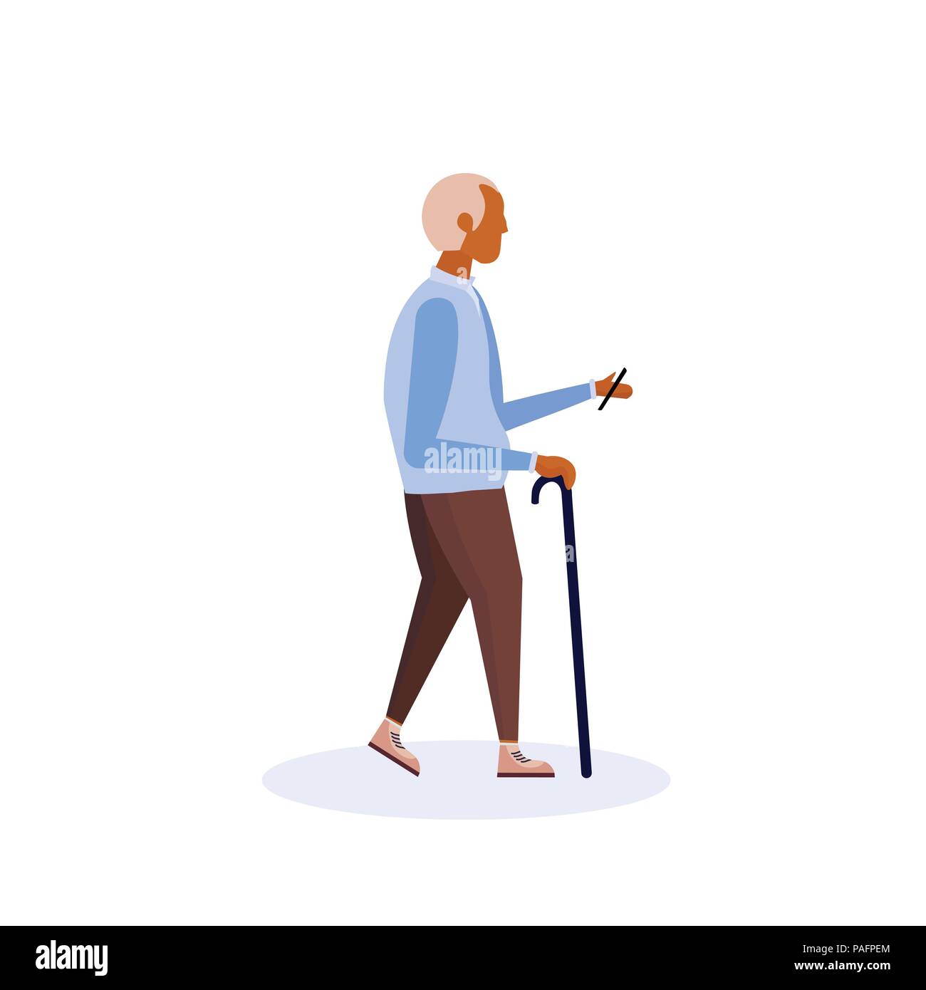 African American old man walking stick à l'aide de personnes âgées isolées à pied grand-père smartphone personnage télévision pleine longueur Illustration de Vecteur