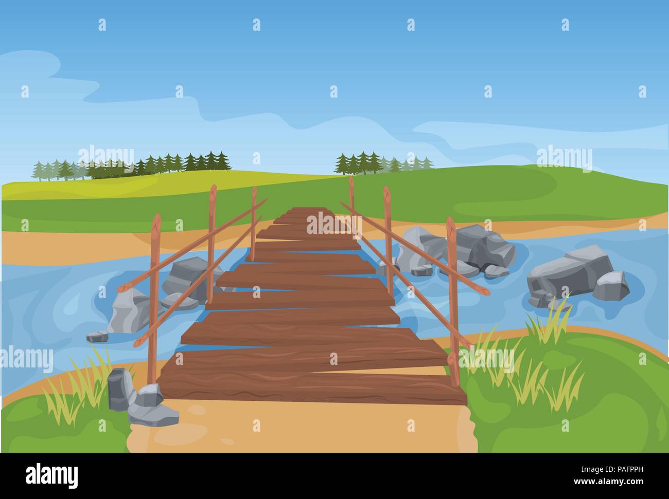 Pont en bois sur fond de paysage de montagne de la rivière Flat Illustration de Vecteur