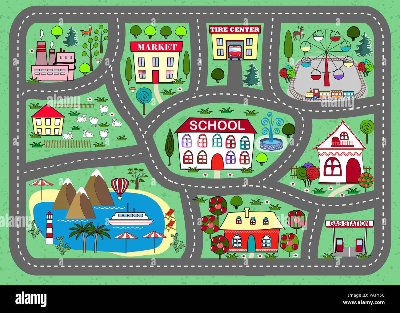 Joli paysage de ville, location de piste. Tapis de jeu pour les enfants d'activités et de divertissements. Ville ensoleillée avec des paysages, rues, bâtiments d'usine, et des plantes. Illustration de Vecteur