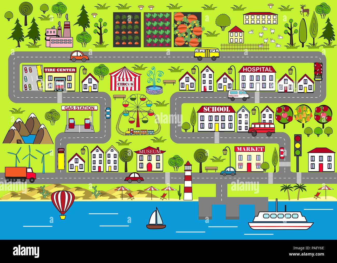 Arrière-plan d'une ville animée avec des maisons, des rues, un parc d'amusement, de voitures, de banlieues. Tapis Design pour bébé, jeux, livres, et autres Illustration de Vecteur