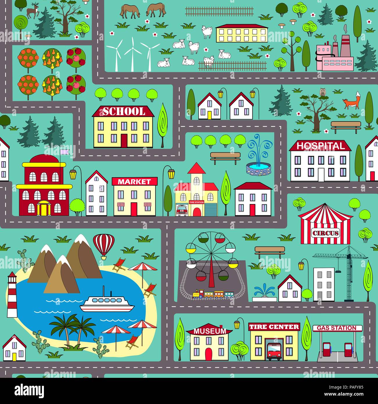 Paysage de ville sans voiture piste. Tapis de jeu pour les enfants d'activités et de divertissements. Arrière-plan de la ville avec des rues, des bâtiments, de la mer et des plantes. Illustration de Vecteur