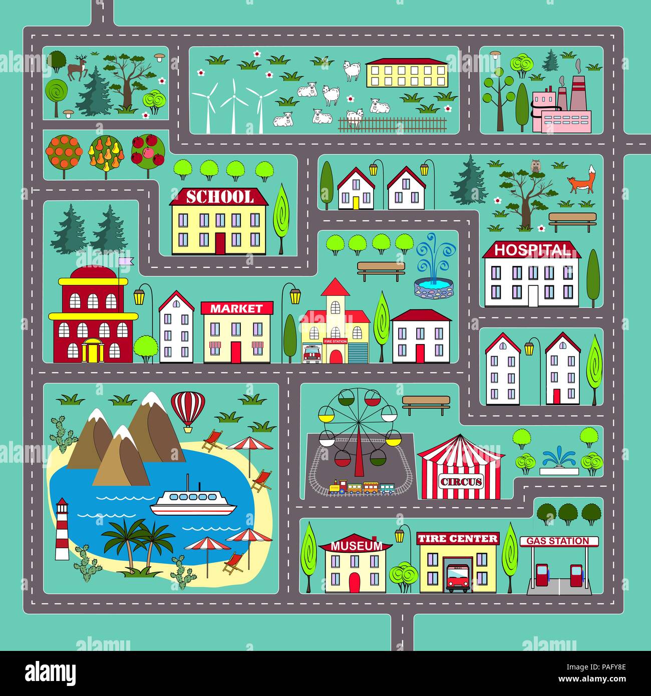 Joli paysage de ville, location de piste. Tapis de jeu pour les enfants d'activités et de divertissements. Paysage de ville, avec des rues, des bâtiments, de la mer et des plantes. Illustration de Vecteur