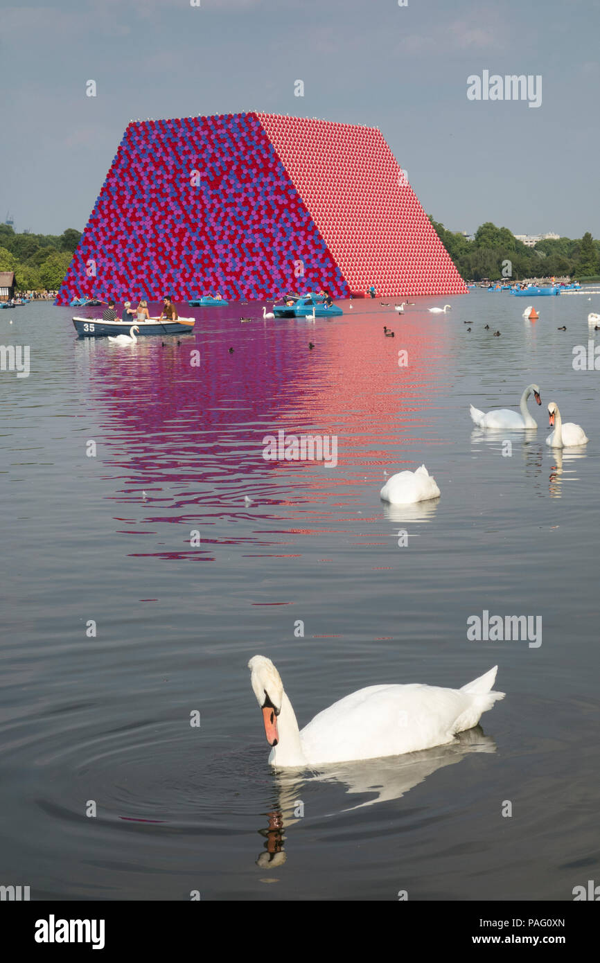 Les cygnes tuberculés entourent Christo et Jeanne-Claude's sculpture temporaire le mastaba de Londres sur la serpentine, à Hyde Park, Londres, UK Banque D'Images