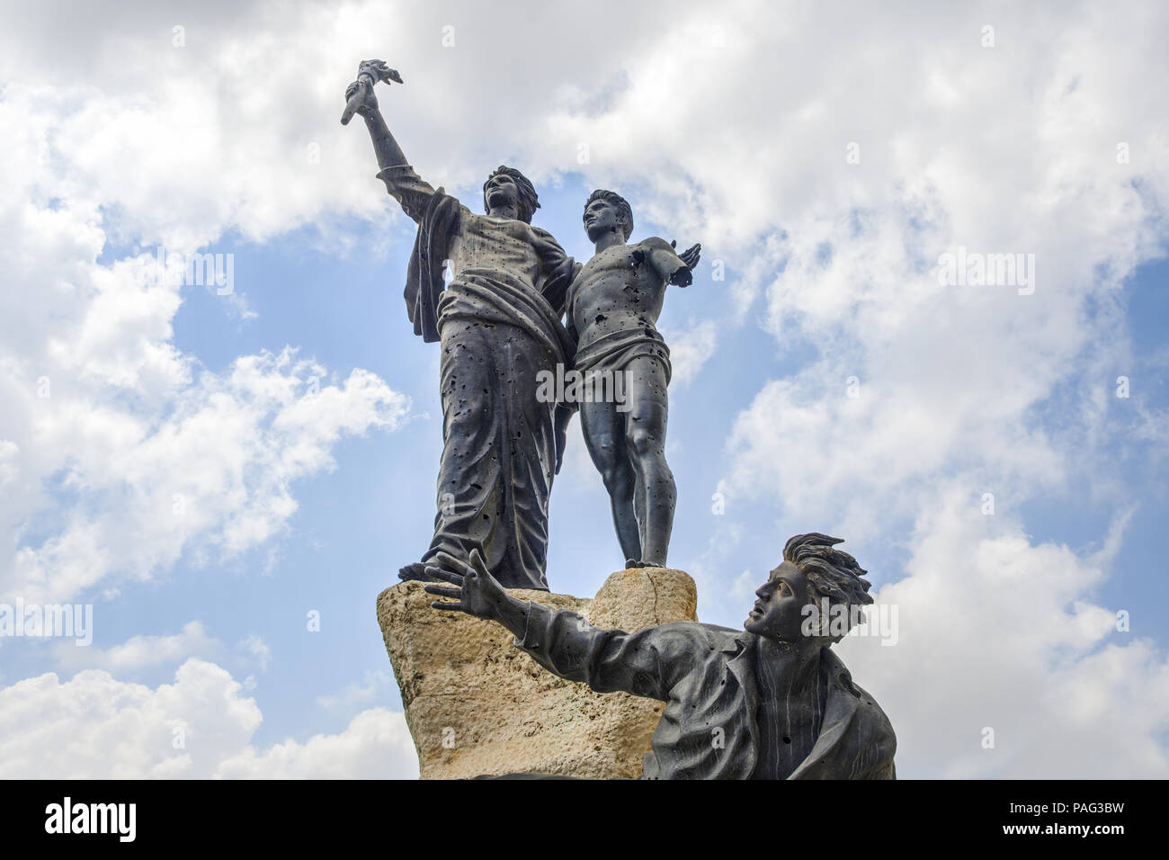 Monument commémorant les martyrs exécutés par les Ottomans criblés de trous de balle de la guerre civile libanaise, place des martyrs, Beyrouth, Liban Banque D'Images
