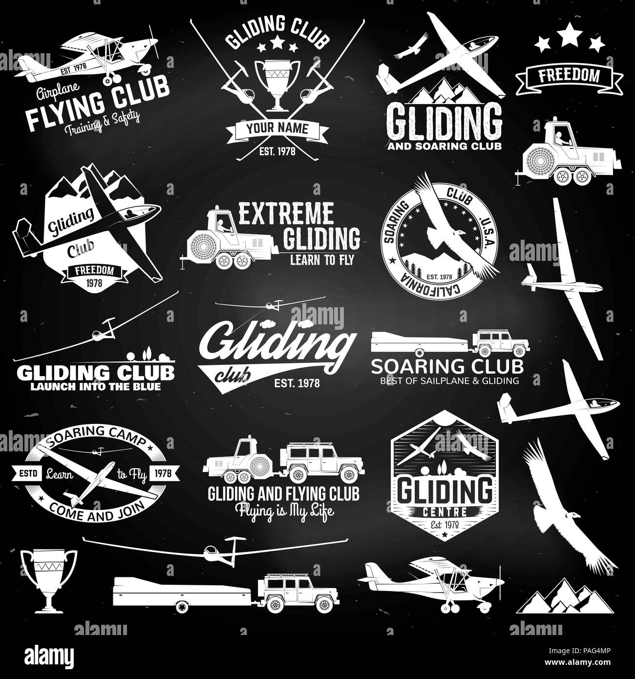 Planeur club badges rétro et des éléments de conception. Vector illustration. Club de vol à voile sur le tableau. . Concept pour chemise, imprimer, sceau ou cachet. Illustration de Vecteur