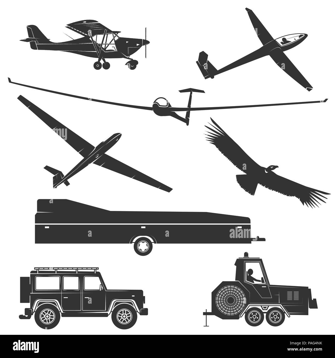 Ensemble d'éléments de vol et de l'équipement vintage. Vector illustration. Set : treuils de planeur, parapente, eagle, remorque et avion avion planeur silh Illustration de Vecteur