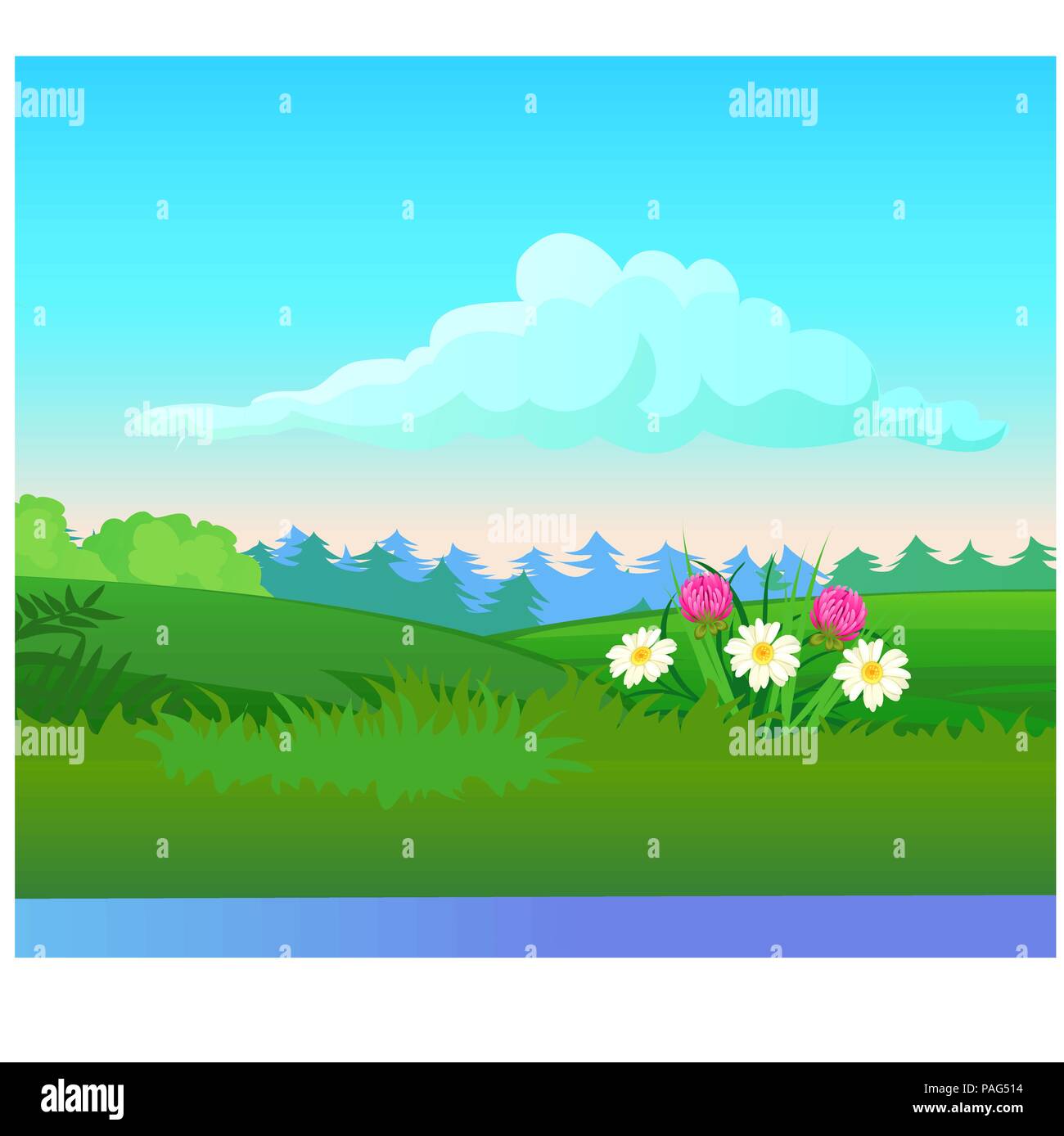 Paysage avec la forêt de conifères à l'horizon et la floraison pré. Cartoon Vector illustration close-up. Illustration de Vecteur