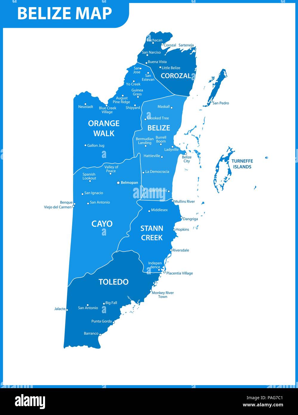 La carte détaillée du Belize avec les régions ou États et villes, capital. Division administrative. Illustration de Vecteur