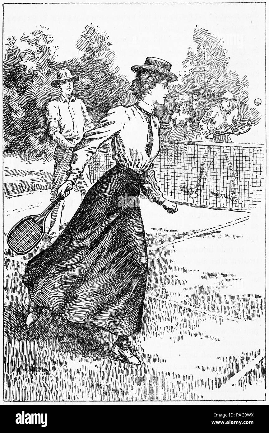 Gravure d'une jeune femme jouant de tennis sur gazon, 1903. Banque D'Images
