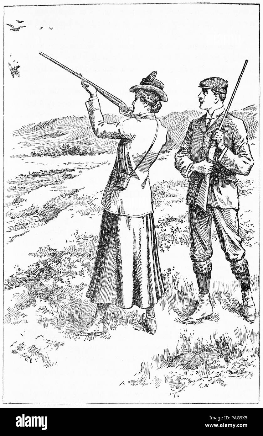 Gravure d'une jeune femme sur une chasse au faisan Banque D'Images
