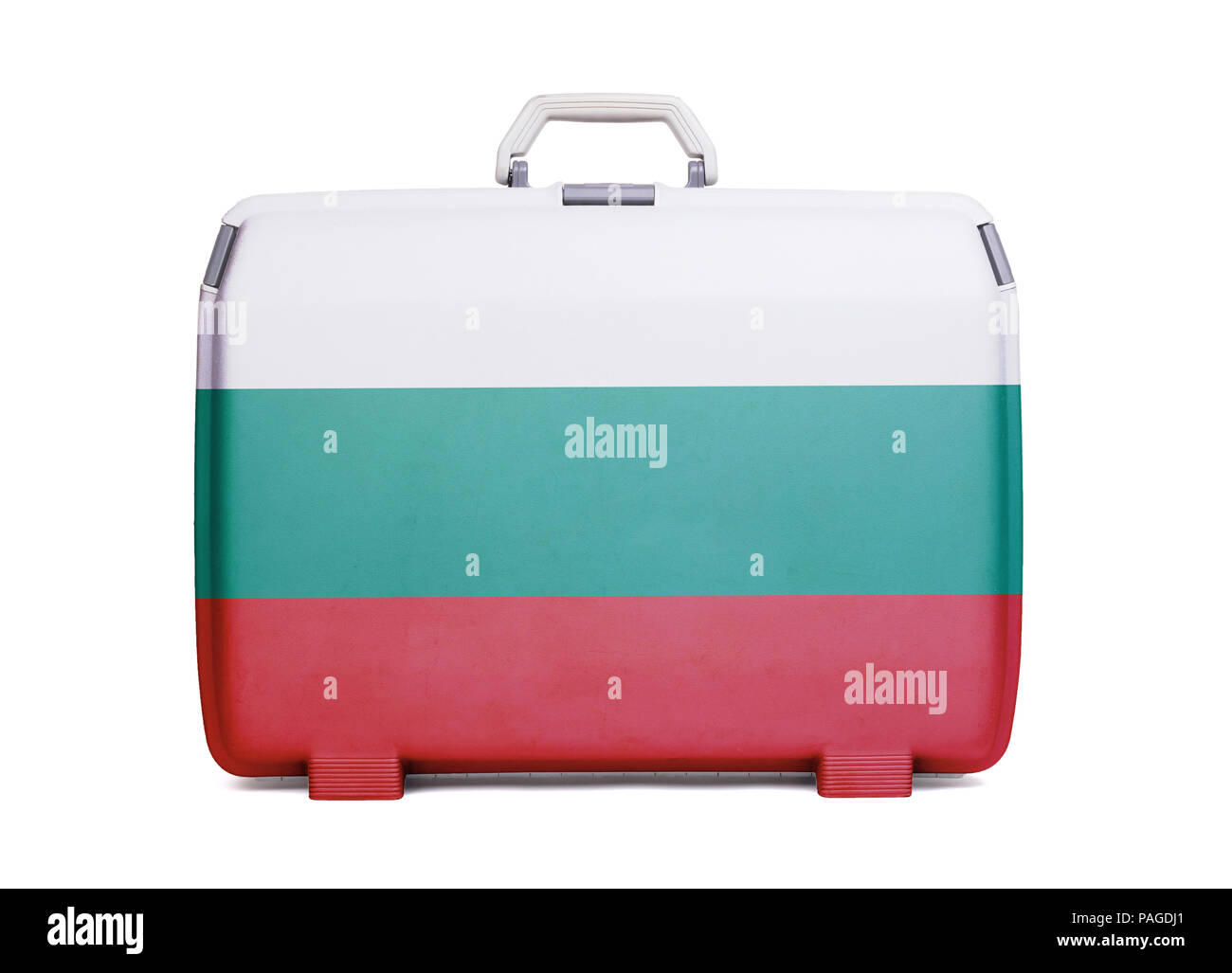 Valise en plastique utilisé avec des taches et des rayures, imprimé avec drapeau, Bulgarie Banque D'Images