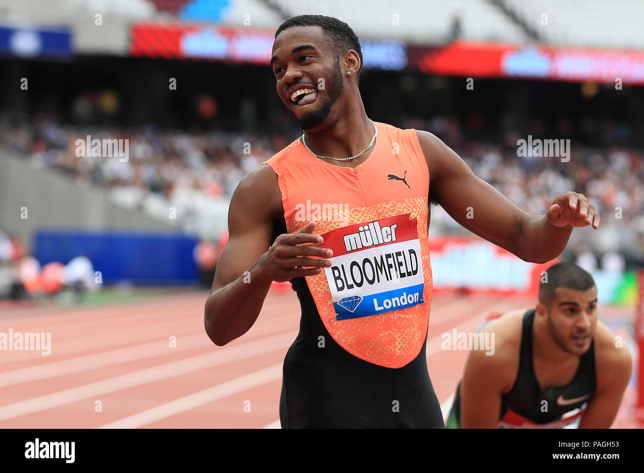 Stade de Londres, Londres, Royaume-Uni. 22 juillet, 2018. Diamond League Athlétisme, jour 2 ; Akeem Bloomfield célèbre remportant le 200m masculin : Action Crédit Plus Sport/Alamy Live News Banque D'Images